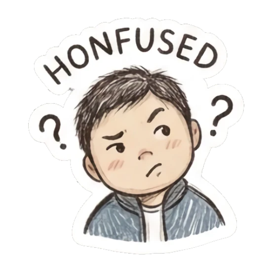 Confused boy with question marks and text HONFUSED. Little Boy Doodle Expressions sticker for expressive chats and social replies.