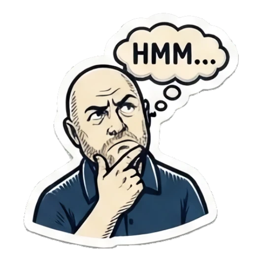 Bald man thinking with a finger on chin, text HMM... Bald Guy Daily Vibes sticker for expressive chats and social replies.