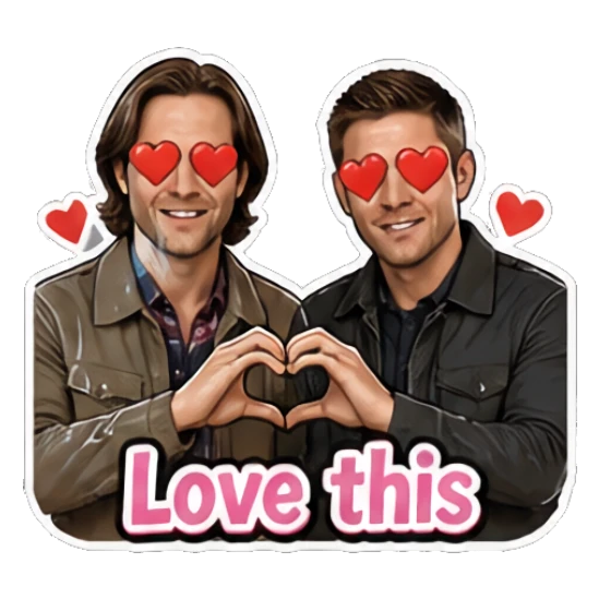 Two men making heart shapes with hands, text 'Love this' Supernatural Duo Vibes sticker for expressive chats and social replies.