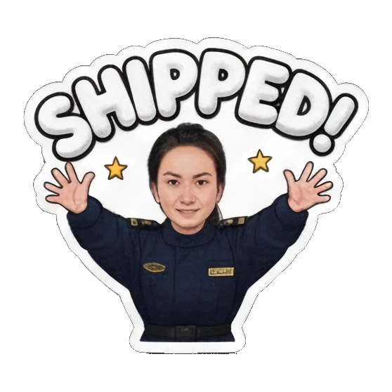 Woman excited, hands up in celebration, for "SHIPPED!". Delivery Dispatcher's Diary sticker for expressive chats and social replies.