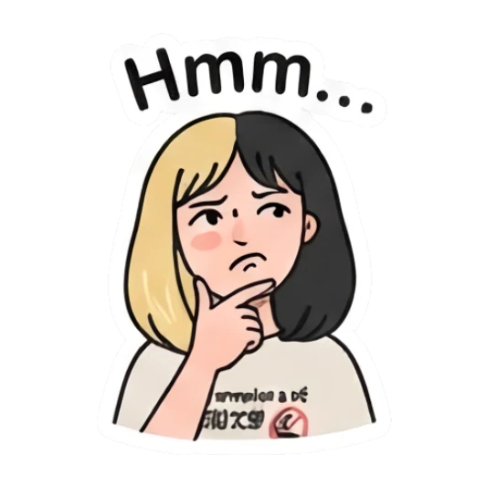 双色发女孩托腮思考，文字Hmm Two-Tone Girl Daily Vibes sticker for expressive chats and social replies.
