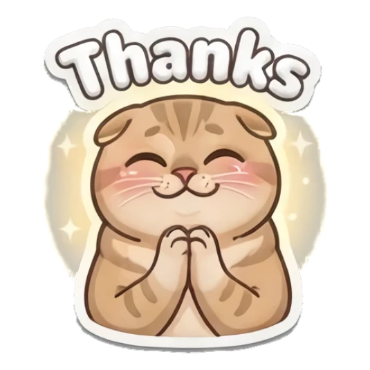 Grateful tabby cat with hands together and 'Thanks' text Puffy Tabby Cat Moods sticker for expressive chats and social replies.