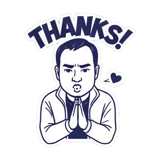Man bowing with hands together and THANKS text Cool Guy Daily Life sticker for expressive chats and social replies.