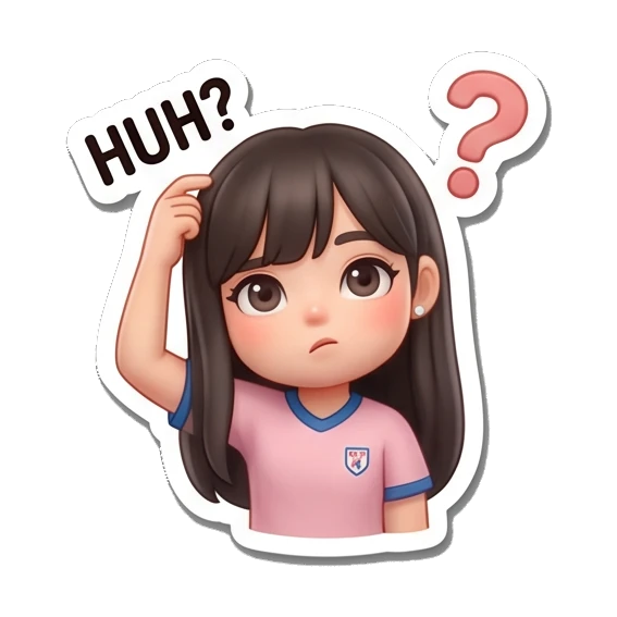 Girl scratching head with HUH text, confused expression Soccer Girl Daily Life sticker for expressive chats and social replies.