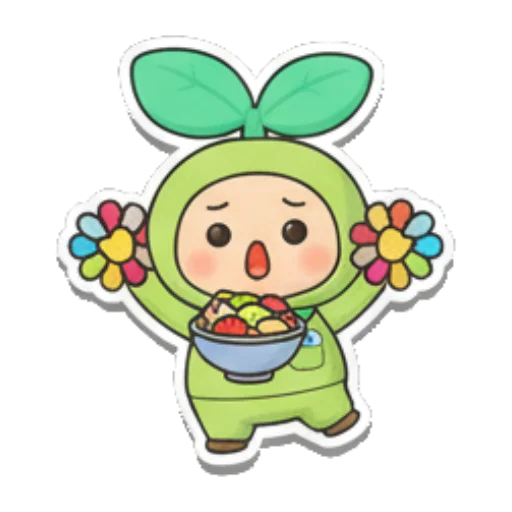 萌芽精灵捧着食物和鲜花 Sproutling Emotions sticker for expressive chats and social replies.