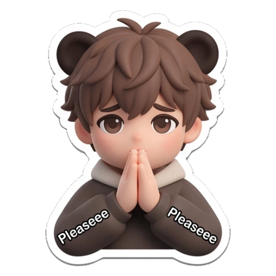 Boy with bear ears pleading with hands together with text Pleaseee. Brown Bear Boy Daily sticker for expressive chats and social replies.