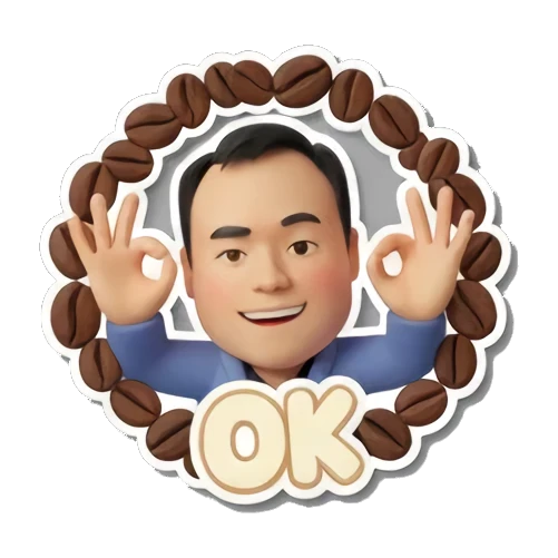 职场男士比出OK手势，周围环绕咖啡豆，文字OK Office Guy Daily Vibes sticker for expressive chats and social replies.