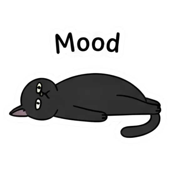 Lazy black cat lying on the floor saying Mood. Playful Black Cat Moods sticker for expressive chats and social replies.