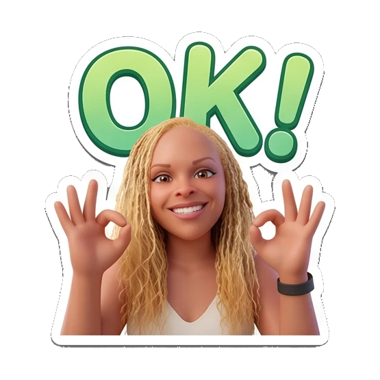 Blonde girl making OK hand signs with green OK text Blonde Girl Daily Vibes sticker for expressive chats and social replies.