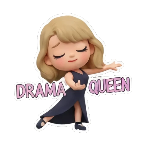 Blonde girl in a dress striking a dramatic pose, text 'DRAMA QUEEN' Chibi Pop Star Life sticker for expressive chats and social replies.