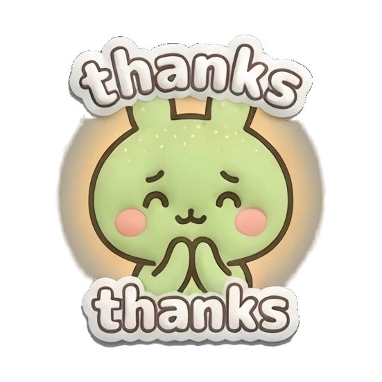 Grateful green bunny with hands together and 'thanks' text. Puffy Green Bunny Adventures sticker for expressive chats and social replies.