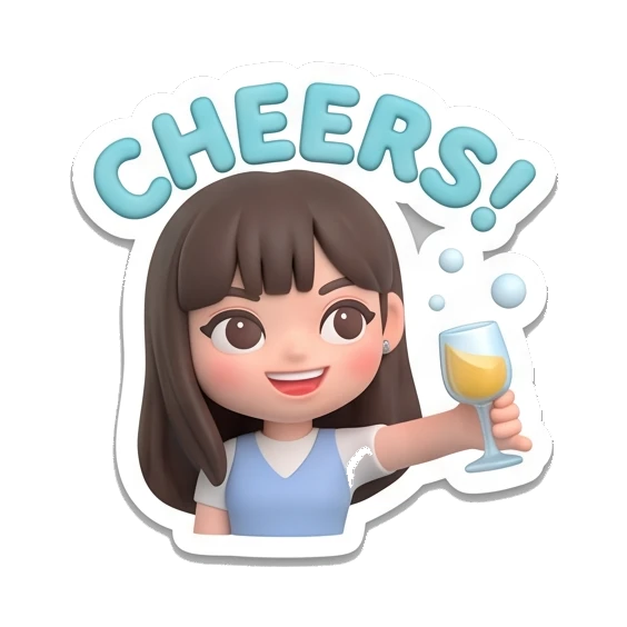 Girl cheering with a glass of wine and text CHEERS Cute Girl Daily Expressions sticker for expressive chats and social replies.