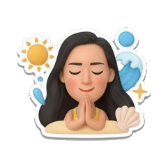 Girl praying peacefully, text SUNNY BEACH Summer Beach Girl Vibes sticker for expressive chats and social replies.