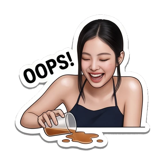 Young woman laughing at spilled drink, text OOPS Jennie Birthday Party Vibes sticker for expressive chats and social replies.