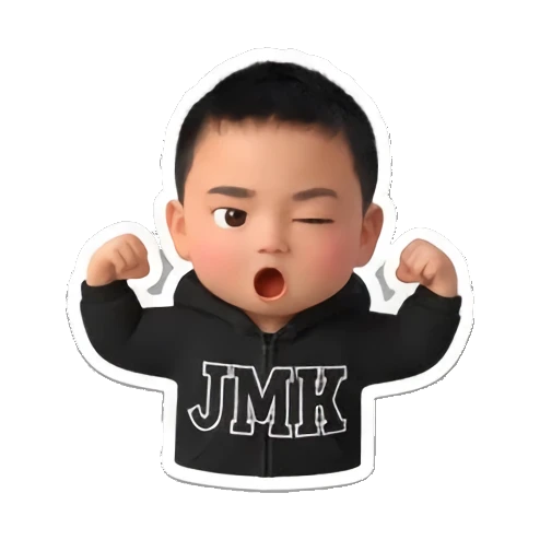 Boy flexing muscles with JMK text Little Boy Daily Vibes sticker for expressive chats and social replies.