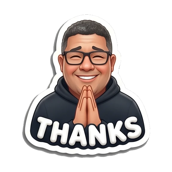 Man with glasses praying with gratitude and text THANKS. Tech Guy Daily Vibes sticker for expressive chats and social replies.