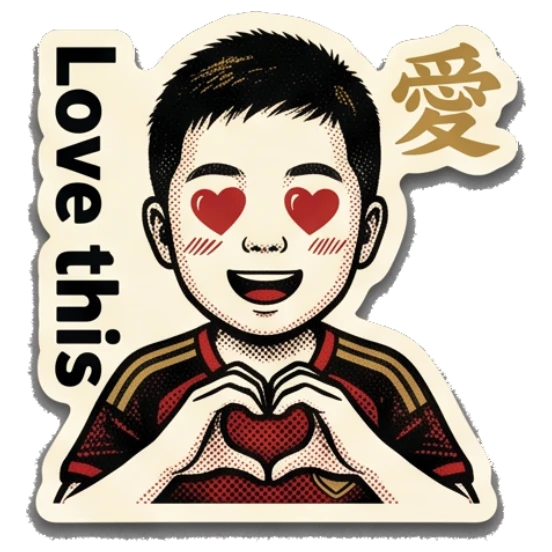 Happy boy forming a heart shape with his hands, feeling love. Young Soccer Fan Expressions sticker for expressive chats and social replies.