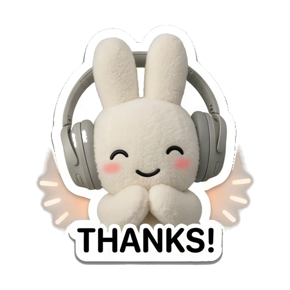Bunny smiling with hands together saying THANKS Music Loving Bunny sticker for expressive chats and social replies.