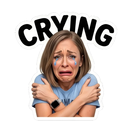 Mom crying with arms crossed in distress. Mally Mom Daily Life sticker for expressive chats and social replies.