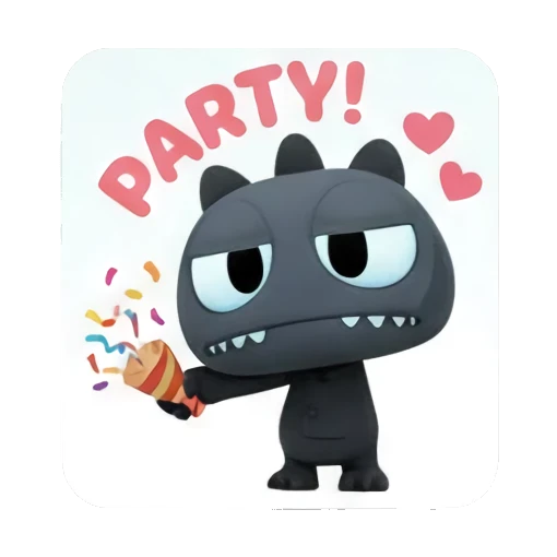 Party monster holding a confetti popper with text PARTY Little Dark Monster Daily sticker for expressive chats and social replies.