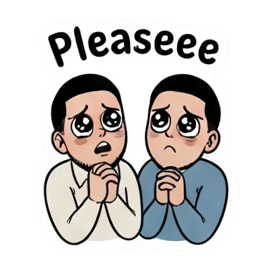Twin brothers looking pleading with puppy eyes and 'Pleaseee' text. Twin Brothers Daily Vibe sticker for expressive chats and social replies.