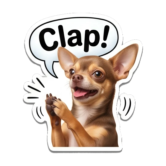 Chihuahua clapping paws, looking excited, text Clap! Chihuahua Moods sticker for expressive chats and social replies.