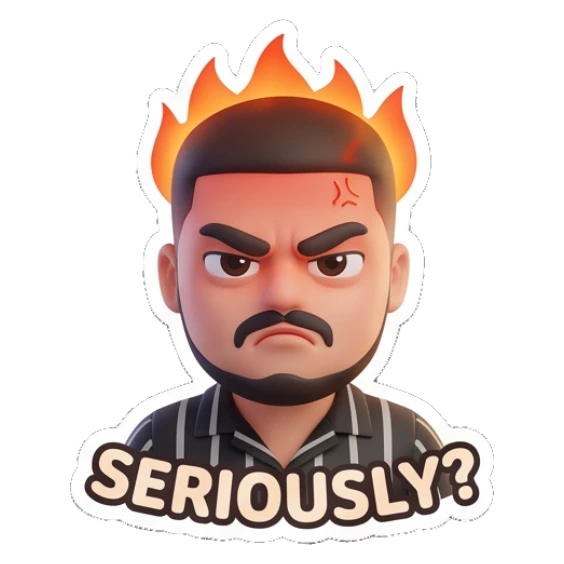 Bearded man looking angry with flames above head and 'SERIOUSLY?' text. Modern Bearded Guy sticker for expressive chats and social replies.