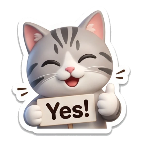 Happy grey cat giving a thumbs up with text Yes Cute Grey Tabby Daily sticker for expressive chats and social replies.