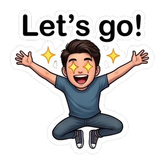 Young man jumping with excitement and sparkling eyes. Daily Life of a Cool Guy sticker for expressive chats and social replies.