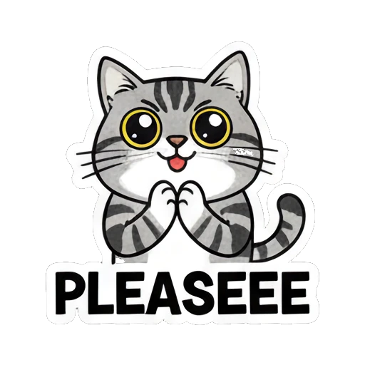 Gray cat looking pleading and cute saying PLEASEEE Gray Tabby Moods sticker for expressive chats and social replies.