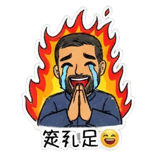 Bearded man praying with tears of joy and fire effects Bearded Man Daily Expressions sticker for expressive chats and social replies.
