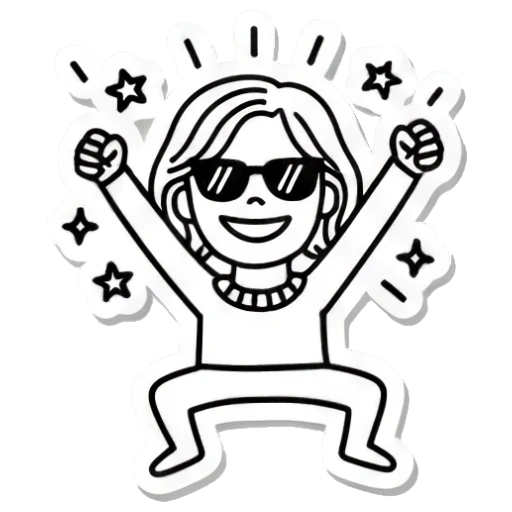 戴墨镜酷女孩，欢呼 Line Art Emotion Stickers sticker for expressive chats and social replies.