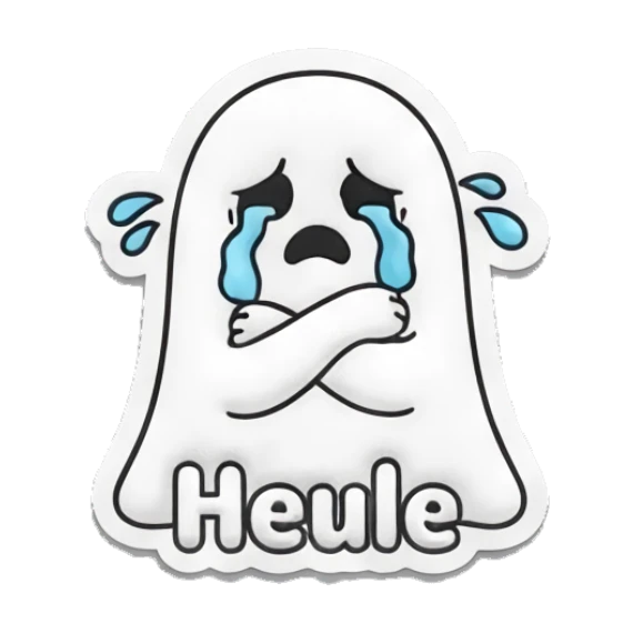 White cat ghost crying with tears, Heule Spooky Cute Cat Halloween Vibes sticker for expressive chats and social replies.