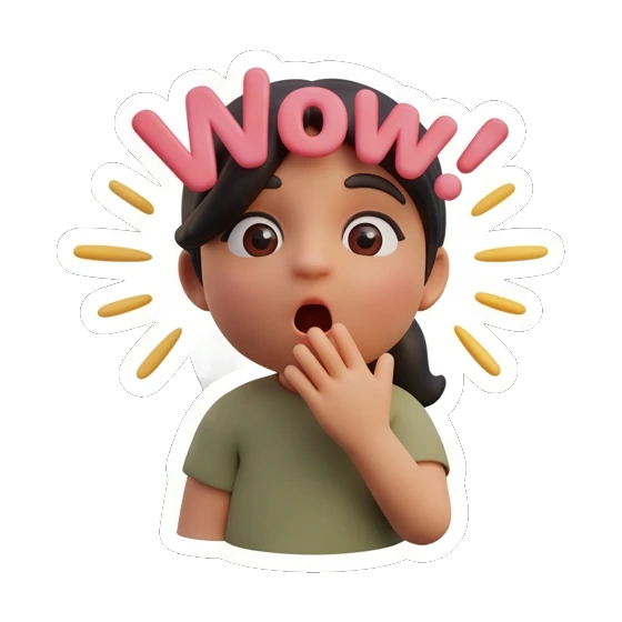 Girl covering mouth in shock with Wow text, surprised. Cheerful Girl Daily Life sticker for expressive chats and social replies.