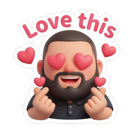 Bearded man making heart fingers with love-struck eyes. Bearded Buddy Expressions sticker for expressive chats and social replies.