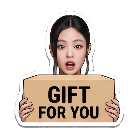 Young woman holding large gift box, text GIFT FOR YOU Jennie Birthday Party Vibes sticker for expressive chats and social replies.