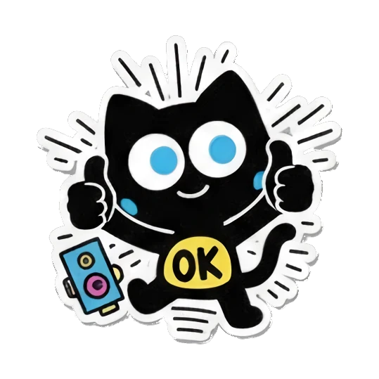 Black cat giving double thumbs up with OK text, joyful expression. Keith Haring Style Black Cat sticker for expressive chats and social replies.
