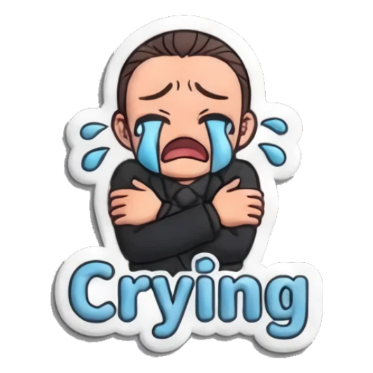Sad man crying while hugging himself with 'Crying' text Professional Suit Guy sticker for expressive chats and social replies.