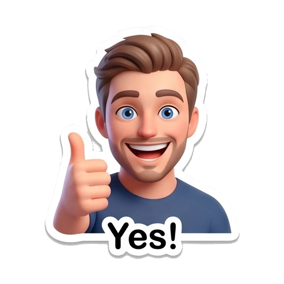 Young man smiling and giving a thumbs up with 'Yes!' text. Modern Guy Daily Expressions sticker for expressive chats and social replies.