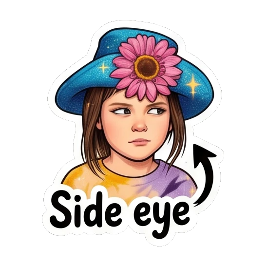 Girl giving a skeptical side eye look with text Side eye Sunflower Girl Daily Vibes sticker for expressive chats and social replies.