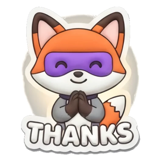 Grateful fox with hands together saying Thanks. Hero Fox Puff sticker for expressive chats and social replies.