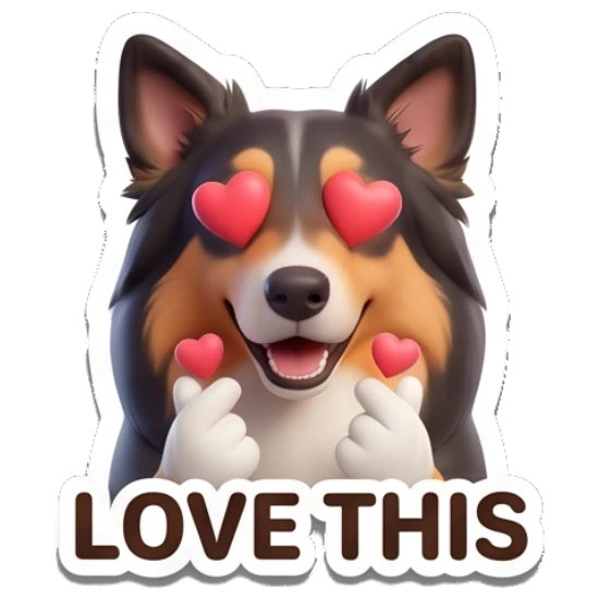 Border Collie with heart eyes making a heart gesture, text LOVE THIS Cheerful Border Collie Expressions sticker for expressive chats and social replies.