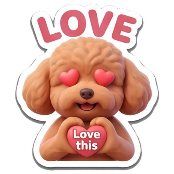 Poodle with heart eyes holding a heart shape. Poodle Pals Daily sticker for expressive chats and social replies.