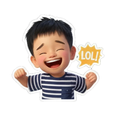 大笑男孩欢呼"LOL!". Little Boy's Expressive World sticker for expressive chats and social replies.