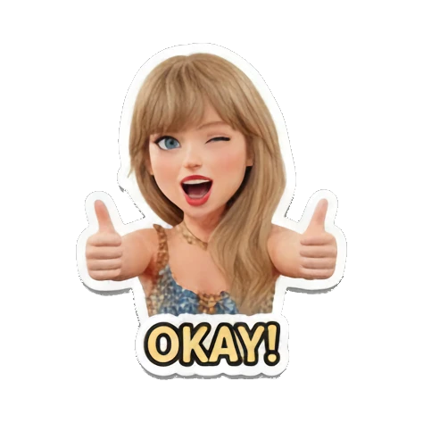 Blonde girl giving double thumbs up with 'OKAY!' text, winking. Pop Star Party Vibes sticker for expressive chats and social replies.