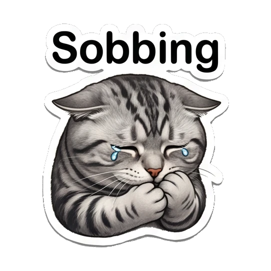 Sad sobbing tabby cat covering face with text Sobbing Fluffy Tabby Moods sticker for expressive chats and social replies.