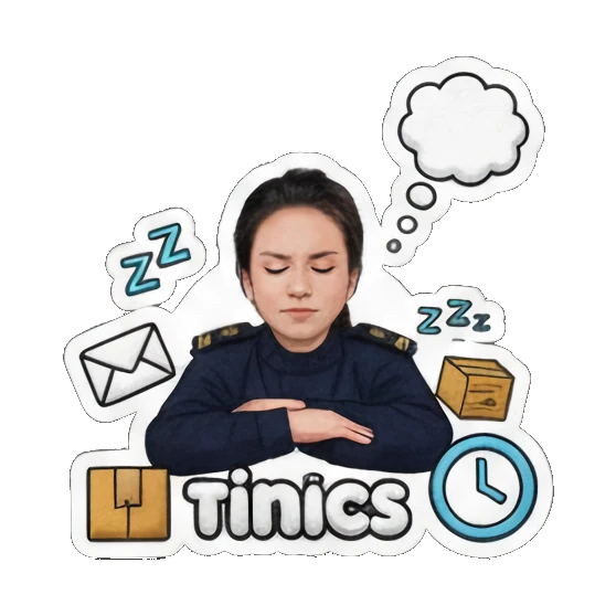 Officer sleeping, tired, with "Tinics" (time/waiting) thought bubble. Delivery Dispatcher's Diary sticker for expressive chats and social replies.