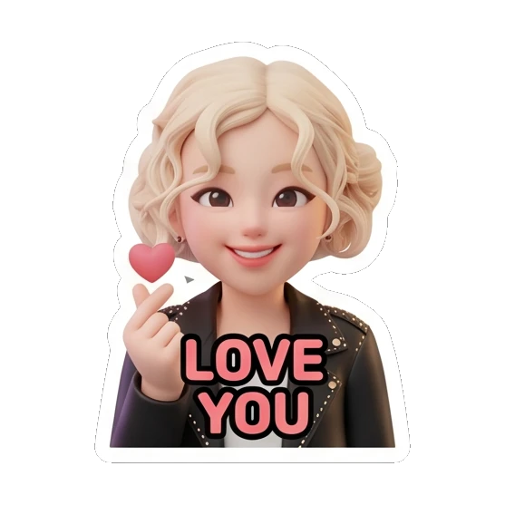 金发女孩比心，表情甜蜜，文字LOVE YOU Blonde Rocker Girl Daily sticker for expressive chats and social replies.