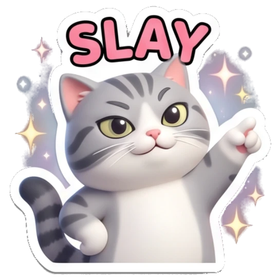 Confident tabby cat pointing and posing with text SLAY Cheerful Tabby Cat Daily sticker for expressive chats and social replies.