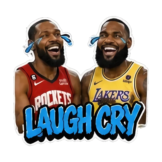 Two players laughing until they cry, hilarious, text LAUGH CRY. Basketball Legends Duo sticker for expressive chats and social replies.